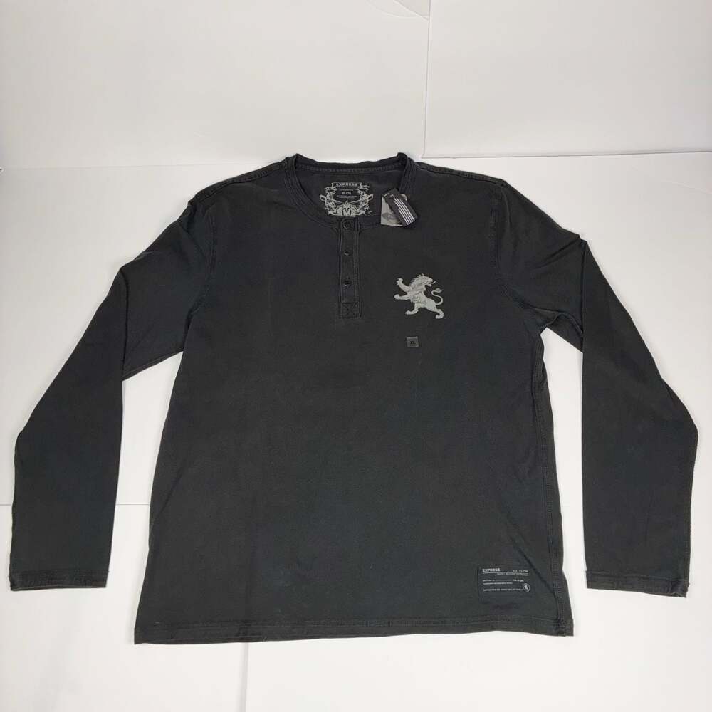 Express Men's Long Sleeve Lion Logo Henley Shirt Size XL Black